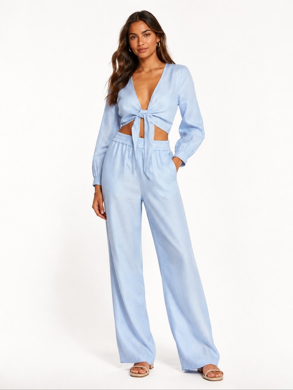 J. Crew Linen Blend Light Blue Wide Leg Pants And Crop Top Set NEW Size L/14